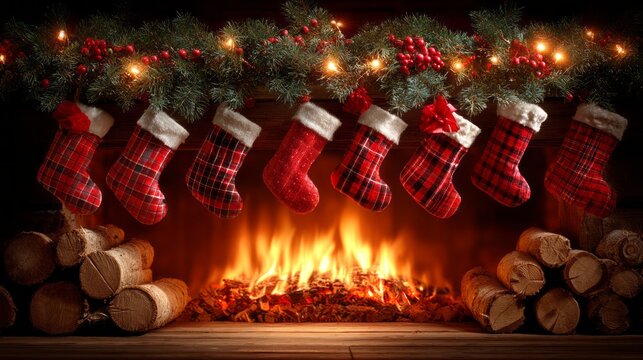 Cozy fireplace with burning logs and Christmas stockings hanging on the mantel, illuminating the room with warm light