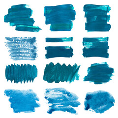 Set blue paint brush strokes, hand drawn. collection vector abstract gradient turquoise lines and blots on white isolated background