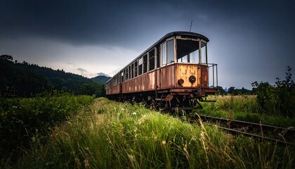 Obraz premium Abandoned train in overgrown field under a stormy sky