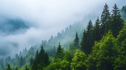 Foggy mountain landscape with lush green trees and mist rolling through the hills, creating a peaceful and scenic view of the natural environment