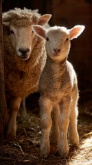 Naklejka premium A heartwarming scene of a curious lamb standing alongside its mother in a rustic barn, capturing the essence of farm life and the beauty of nature in a warm light.