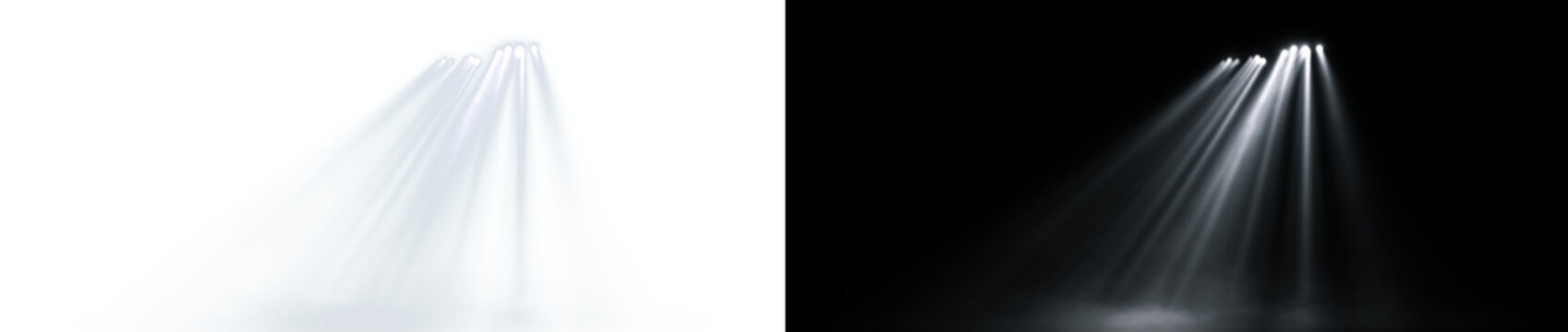 Volumetric white light rays shining down. Cinematic god rays or divine spotlight effect isolated on a transparent background for spiritual or stage design.