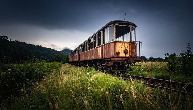 Abandoned train in overgrown field under a stormy sky