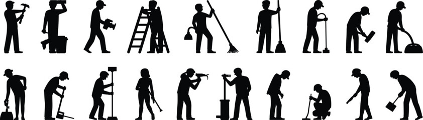 Silhouettes of construction and cleaning workers using tools, ladder, hammer, broom, maintenance staff, professional labor, work team, diverse occupations, manual labor