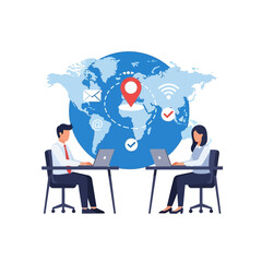Two businesspeople collaborating remotely using laptops, connected by global network icons.