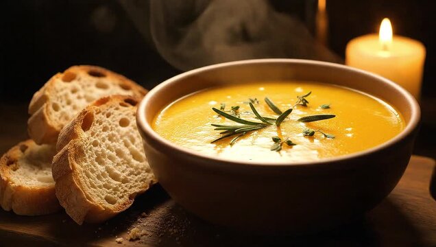 Steaming pumpkin soup with fresh bread and candlelight