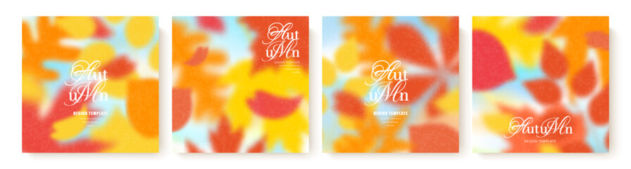 Set of autumn templates featuring abstract blurred foliage and soft, grainy texture. Elegant typography and aesthetic design are perfect for social media stories, promotional materials or postcards