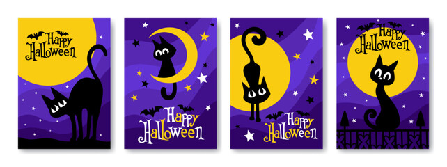 Set of cute vector cartoon cards with Halloween black cats. Silhouettes of cats on the background of the moon. Holiday template for cards, posters, party invitations.