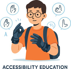 Student wearing haptic gloves learning sign language hands show tiny signal icons illustration
