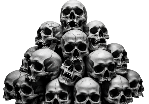Weathered skulls in pyramid, intricate bone details, decay, gaping mouths, pure black void, dramatic chiaroscuro, high-contrast. Concept of mortality and decay