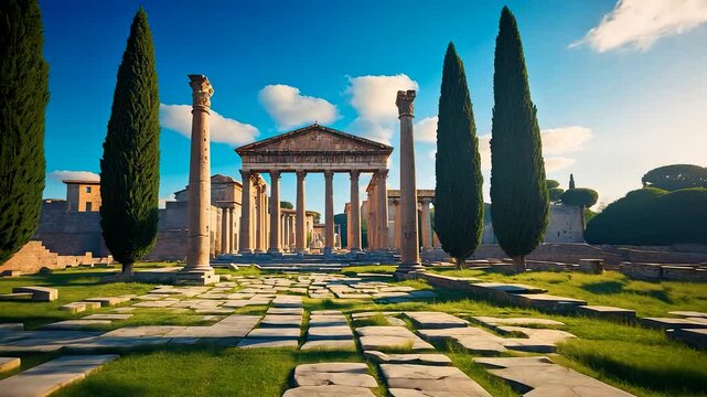 Ancient Roman temple ruins with tall stone columns, historic architecture, and cypress trees under clear blue sky on a bright sunny day