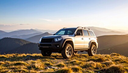 An SUV parked atop a mountain range, enjoying the sun's rays and scenic views