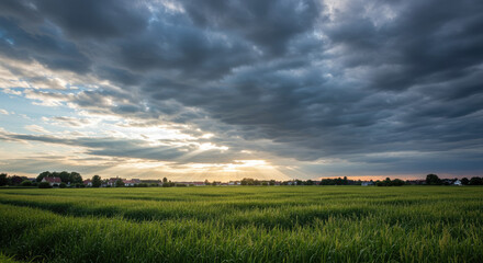 Fototapeta premium Dramatic sky over green agricultural field