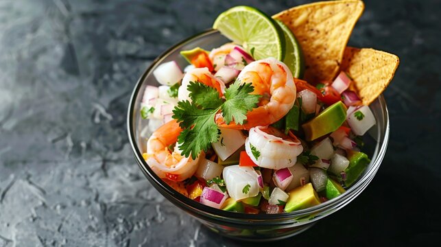 Seafood ceviche with shrimp, avocado, lime, and tortilla chips