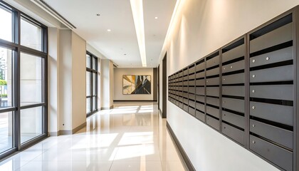 A bright and spacious hallway with modern mailboxes and large windows showcasing a serene and contemporary atmosphere.