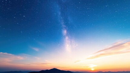 Celestial Harmony: The Milky Way paints the vast night sky, an awe-inspiring scene featuring stars and the horizon at the time of sunrise, igniting a feeling of wonder and calm.