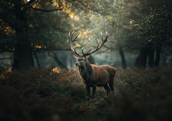 Majestic red deer stag standing alert in a forest clearing, bathed in dappled sunlight filtering through the trees.
