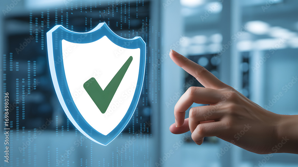 Poster cybersecurity touch: an artistic capture of a hand interacting with a digital shield symbol, highlig