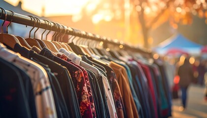 Clothing racks with various garments at outdoor market