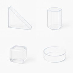 Minimal 3D transparent geometric shapes set including prism, cube, and sphere, isolated on clean white background.