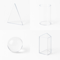 Crystal-clear glass triangle prism and cylinder isolated on white, realistic 3D minimal geometry for design.