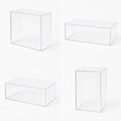 Transparent 3D glass geometric shapes isolated on white background, clean minimal design for product mockup or presentation.