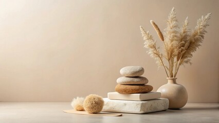 Serene Still Life Neutral Tones, Textured Stones, and Pampas Grass in Earthenware Vase