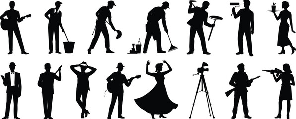 Silhouettes of people in various professions including musician, cleaner, waiter, soldier, dancer, videographer, and more, diverse occupational activities