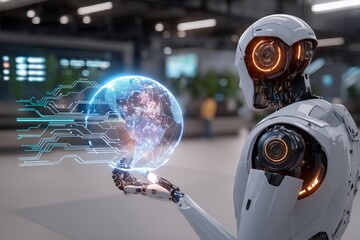 Futuristic Robot Holding Holographic Globe in Modern Environment