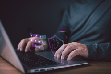 A person typing on a laptop with a digital login interface overlay featuring password fields and a security shield icon illustrates concepts of cybersecurity,data protection,and online privacy.