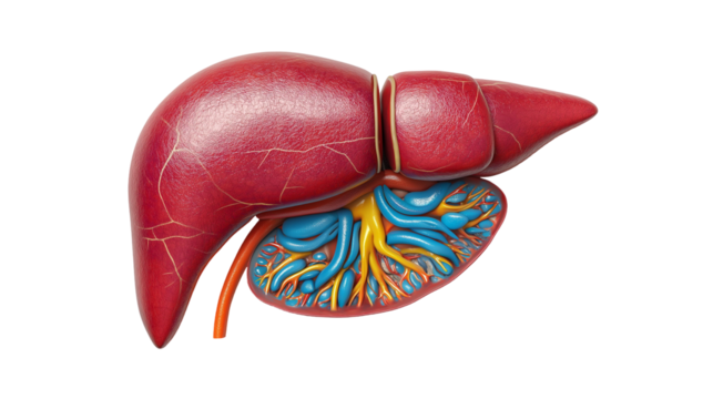 Anatomical liver and gallbladder illustration on transparent background