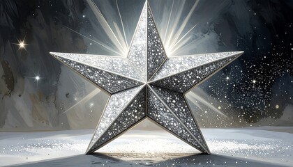 Sparkling silver star on a snowy surface