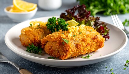 Breaded rolls on a plate with lettuce, parsley, and lemon