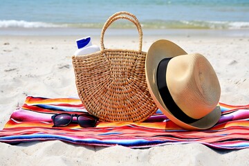 Beach essentials woven bag sun hat sunglasses and colorful towel on sand