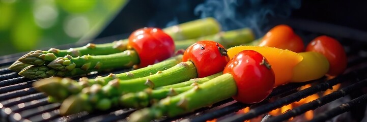 Fresh spring asparagus and vibrant peppers grilling on a hot barbecue, smoky aromas fill the air, perfect springtime meal ,  herb,  picnic