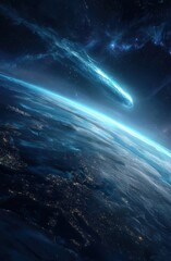 A celestial event illuminates the Earth, as a luminous meteor streaks across the inky blackness of space.