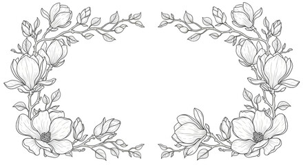Elegant Magnolia Flower Line Art Frame on White Background