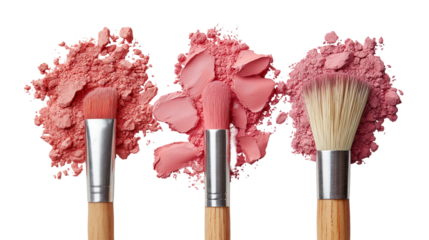 Makeup brushes with pink powder on transparent background