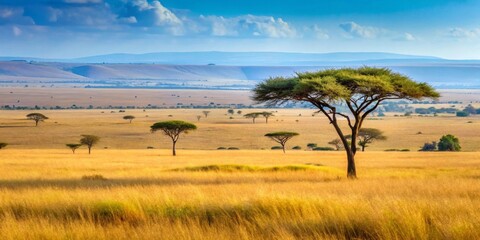 Obraz premium Golden Savanna Landscape Serene Plains Under a Vast Sky with Acacia Trees