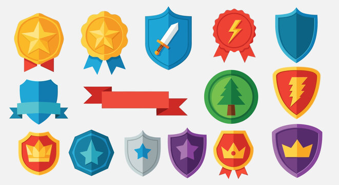 Collection of flat design game achievement icons shields and reward medals.