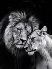 portrait of two lions, male and female lion together, animals, love, nature,  black-and-white close-up, poster