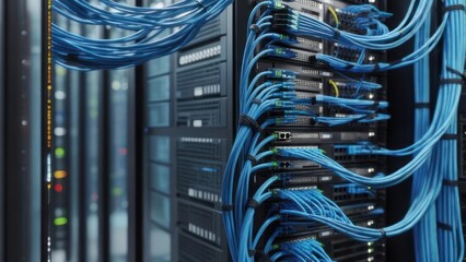 Network server rack with numerous blue cables