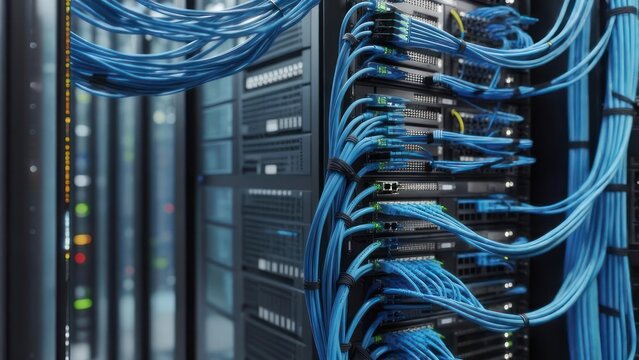 Network server rack with numerous blue cables