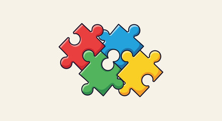Four colorful jigsaw puzzle pieces connected together as a team.