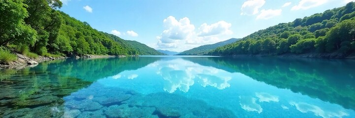Crystal clear freshwater lake reflecting a vibrant blue sky, untouched nature, serene and calm Ideal for travel, nature, and environmental themes , serene, reflection, fish