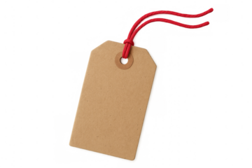 Blank cardboard tag hanging with red string on transparent background