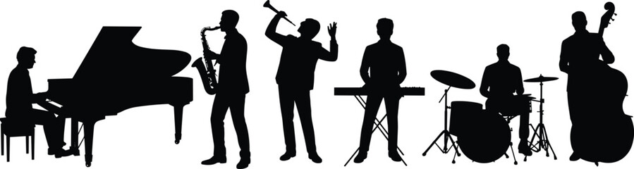 Obraz premium Silhouettes of jazz band musicians playing piano, saxophone, trumpet, keyboard, drums, double bass, live music performance, concert, musical instruments, entertainment