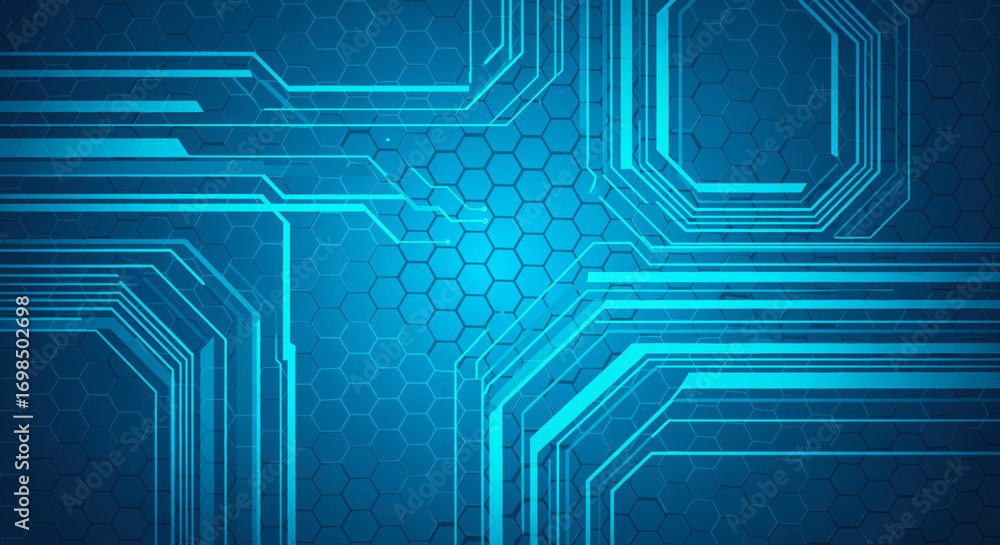 Poster abstract blue background with intricate hexagonal patterns and glowing geometric lines, representing