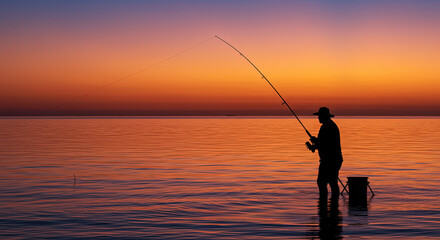Fisherman silhouette at sunset ocean