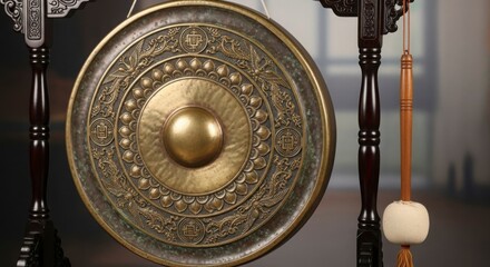 Traditional Chinese Gong Instrument with Ornate Details and Mallet